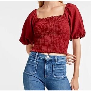 J.Crew Squareneck Smocked Featherweight Satin Crop Red Holiday Coquette Top XXS